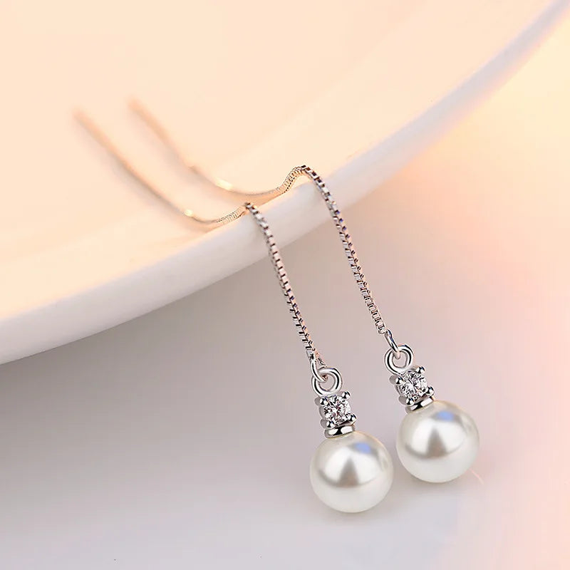 Real 925 Sterling Silver Crystal Pearl Pendant Necklace Long Drop Earrings Jewelry Sets For Women New Trendy FQL23091