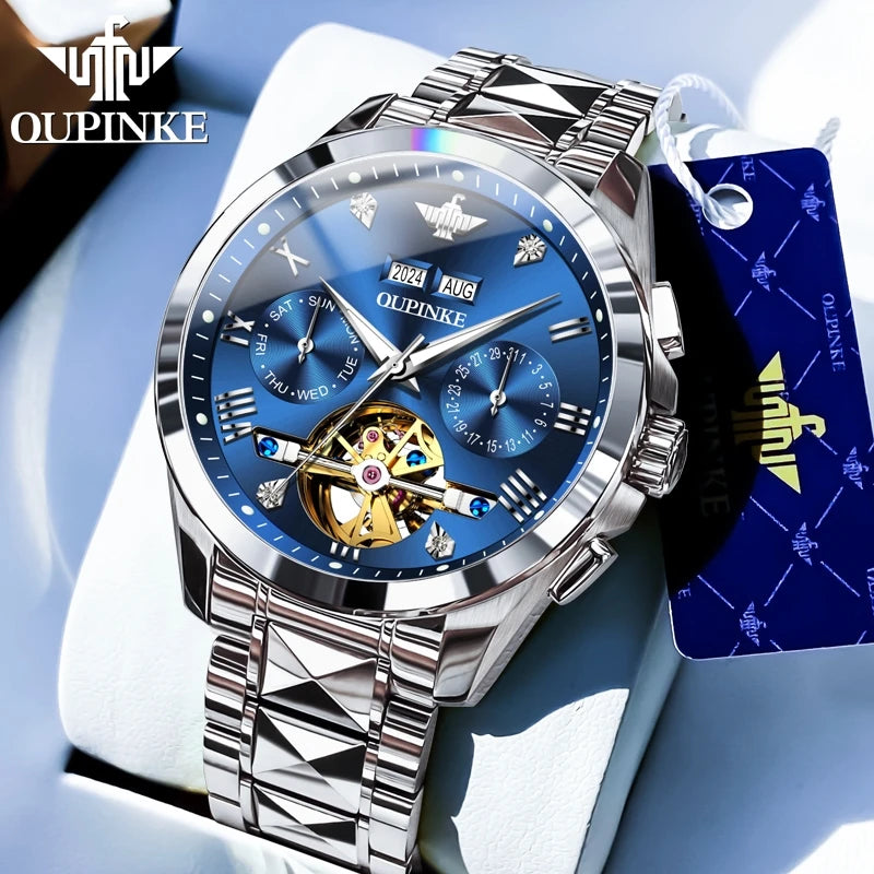 OUPINKE 3186 Original Luxury Man Watch Skeleton Flywheel Automatic Mechanical Watch for Men Waterproof Luminous Dress Wristwatch