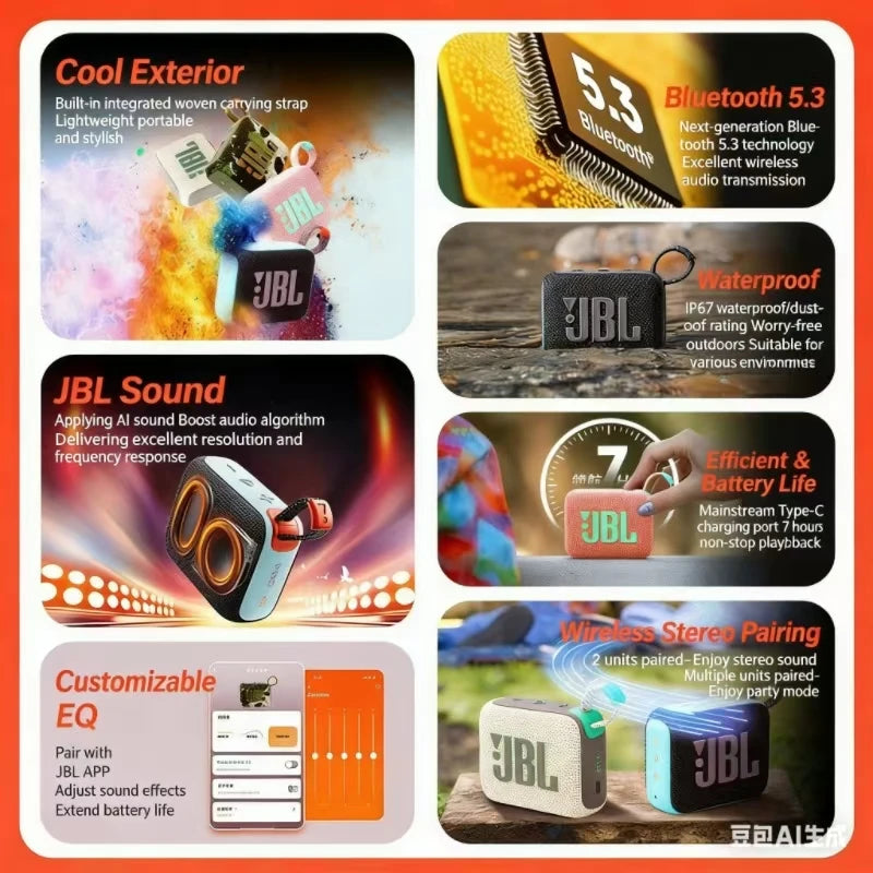 JBL GO 4 Music BRIC Wireless Bluetooth Audio Mini Waterproof Speaker Outdoor Subwoofer Portable Home