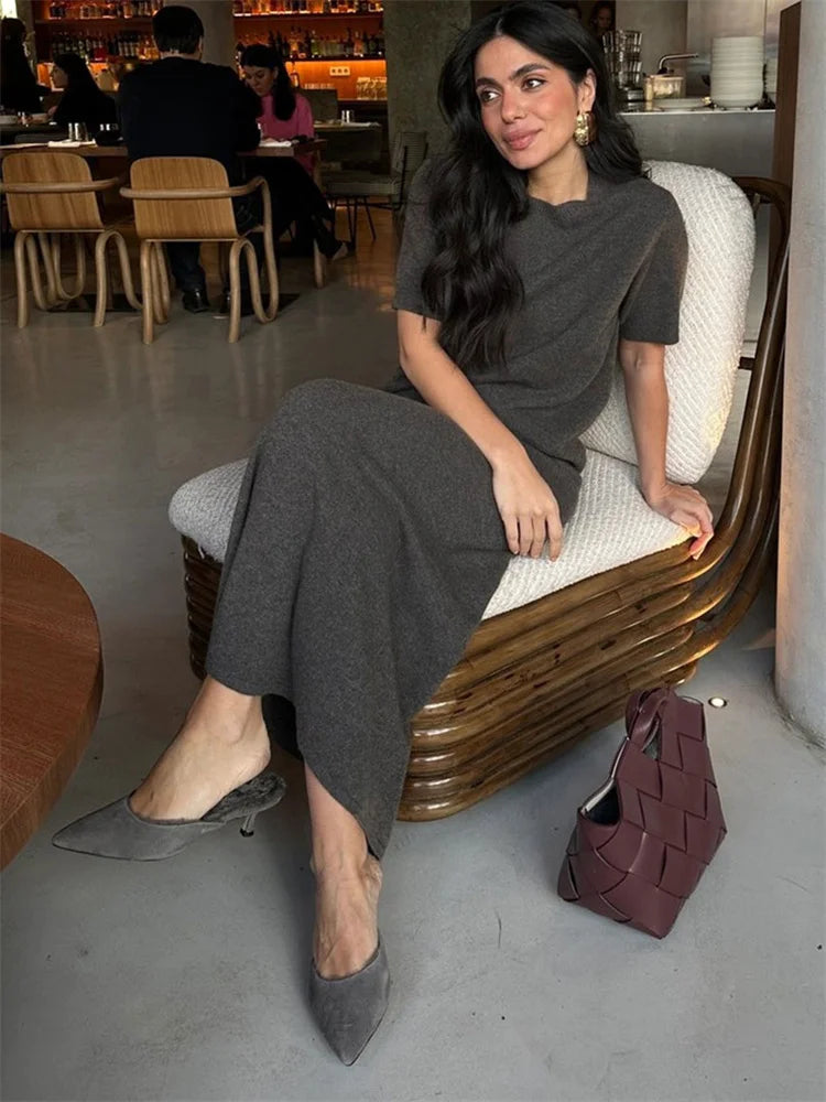 Tossy Knit Fashion Long Skirt Outfits Women's Short Sleeve Sweater Pullover Top And Solid Maxi Skirt 2 Piece-Set Knitwear Sets