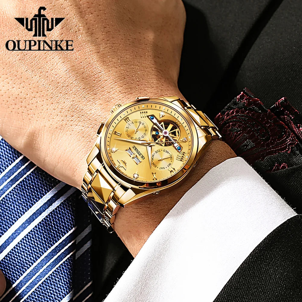 OUPINKE 3186 Automatic Mechanical Movement Watch Hollow Design HD Luminous 50m Waterproof Tungsten Steel Week Calendar Window Watch For Men