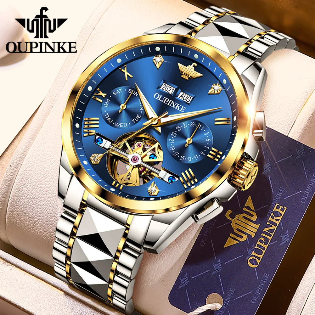 OUPINKE 3186 Men's Watches Skeleton Flywheel Automatic Mechanical Watch for Men Luxury Brand Dual Calendar Display Wristwatch
