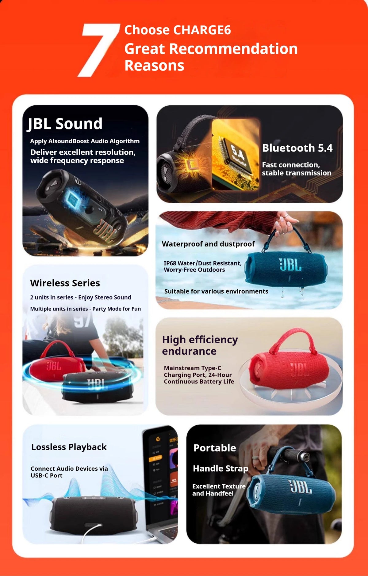 JBL CHARGE6 Portable Bluetooth Speaker IP68 Waterproof Dustproof Wireless Speaker Built-in Powerbank For Outdoor Beach Camping