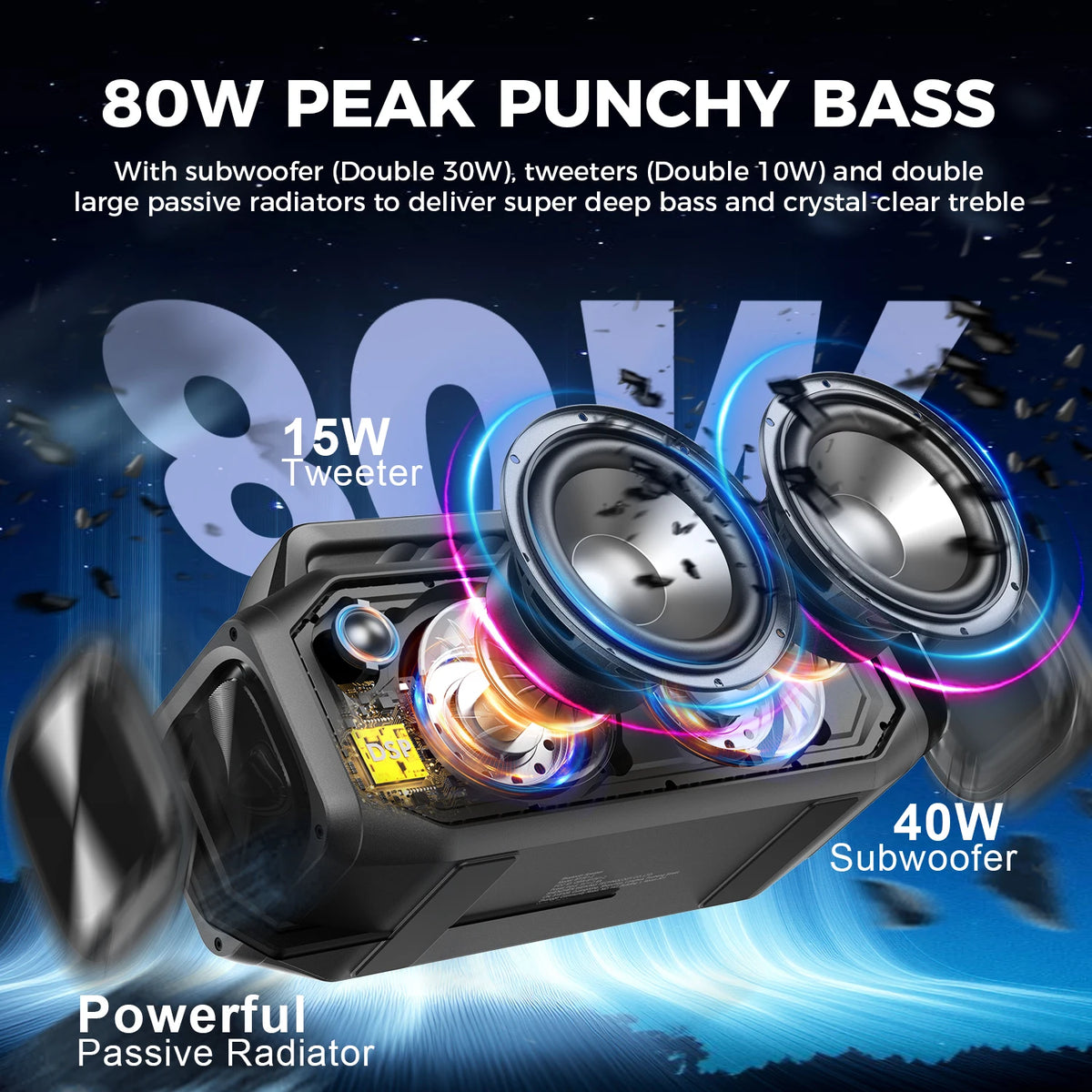 Enceinte Bluetooth portable W-KING BT261-2, 80 W