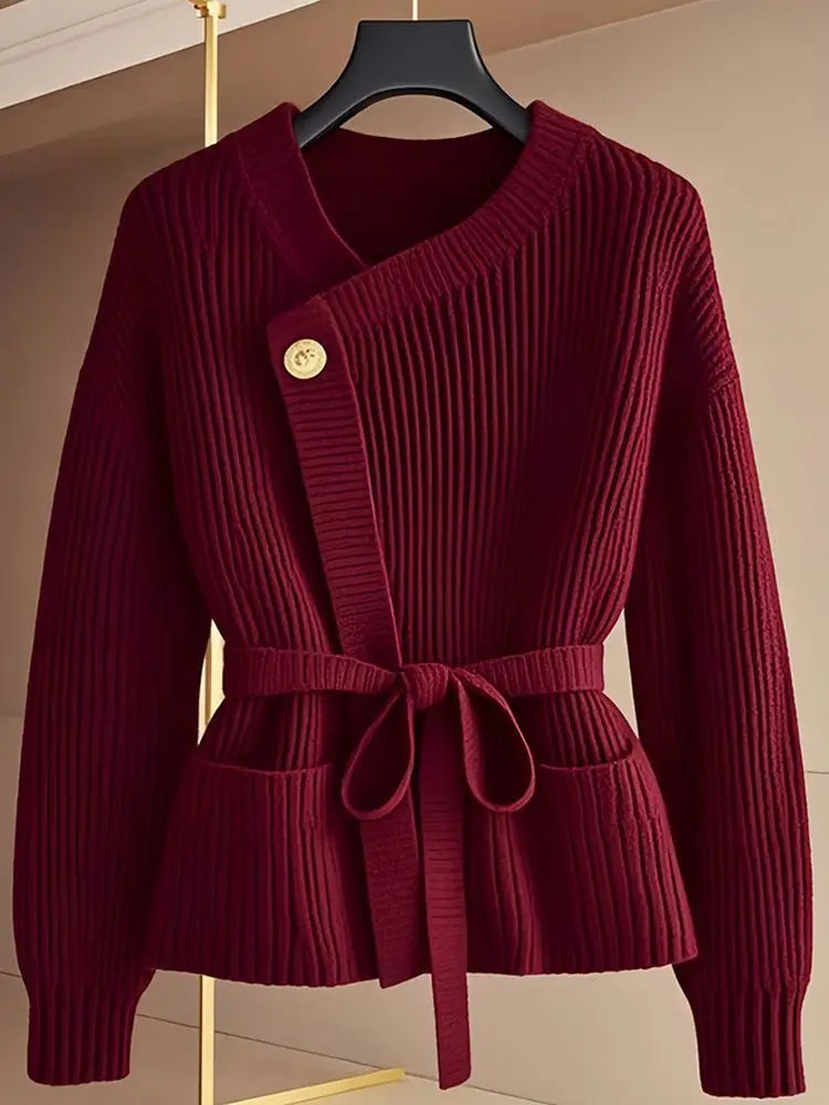 Red Stylish Knit Sweater Women Winter Fashion New Year Outfit