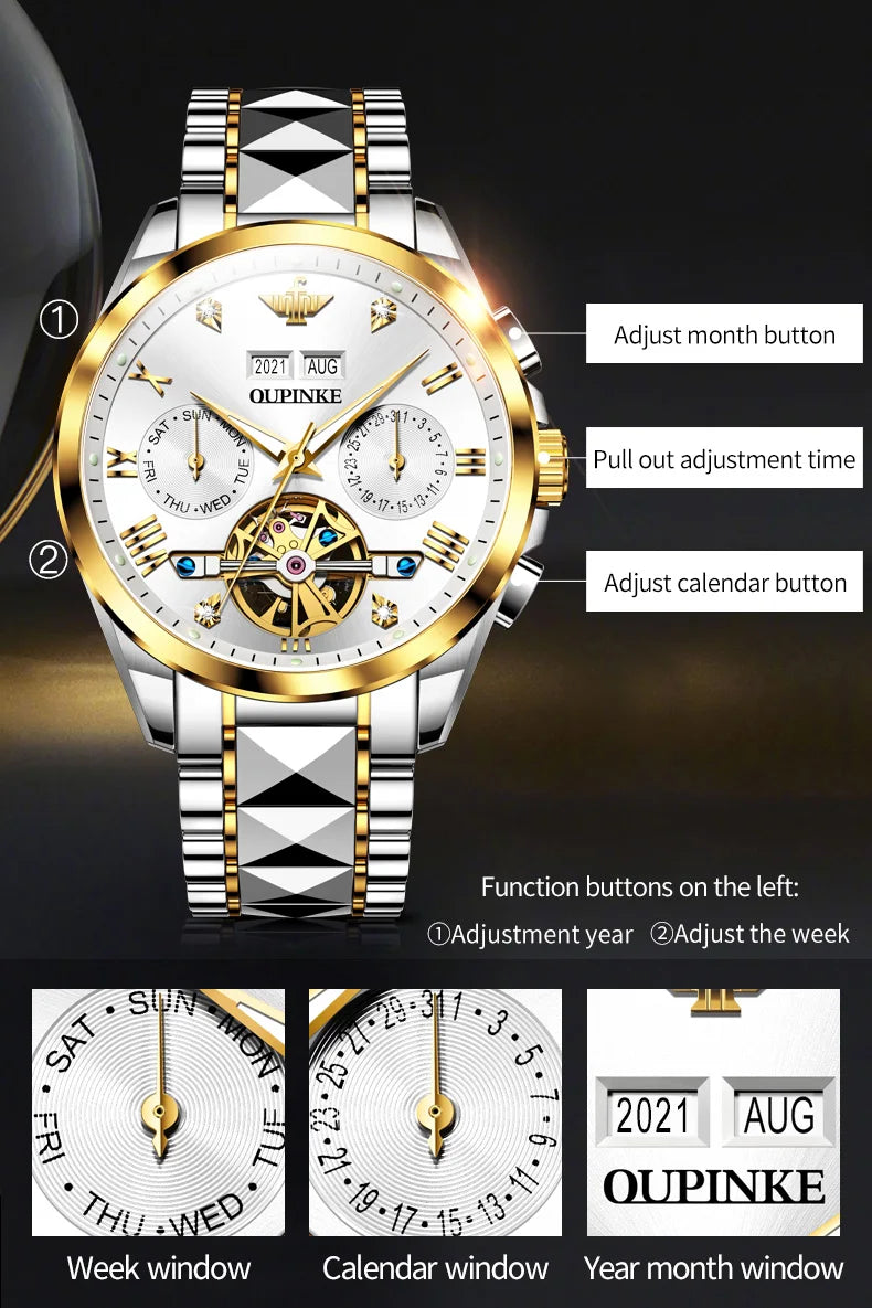 OUPINKE 3186 Men Watches Multifunctional Gold Tungsten steel Flywheel Waterproof Dual Calendar Display Male Wristwatch Classic
