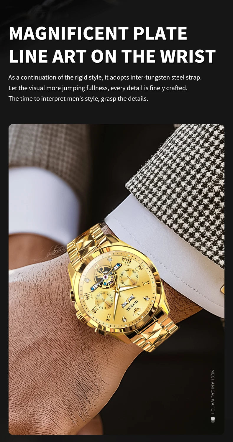 OUPINKE 3240 Skeleton Flywheel Multifunctional Automatic Mechanical Watches for Men 44mm Large Dial Tungsten Steel Luxury Watch
