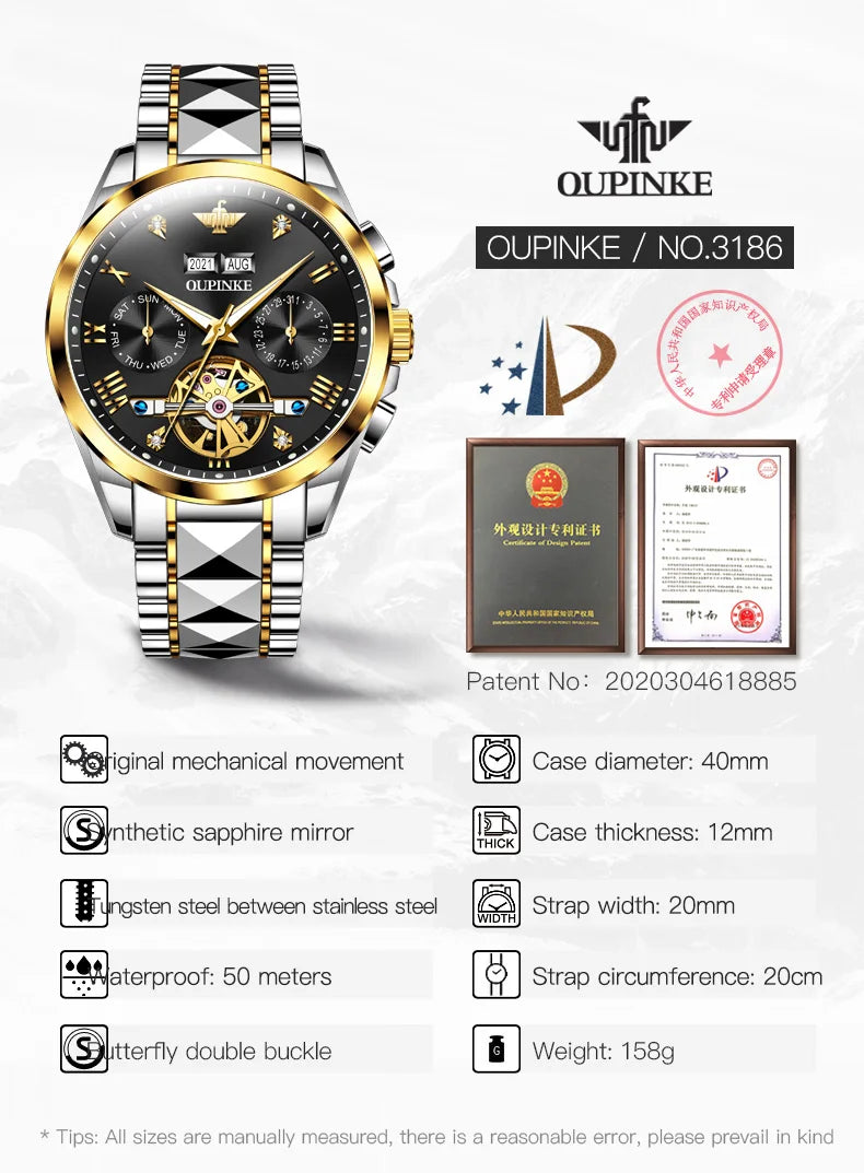 OUPINKE Tungsten Steel Automatic Mechanical Watch Men's 5Bar Waterproof Multi-functional Tourbillon Watches Relogio