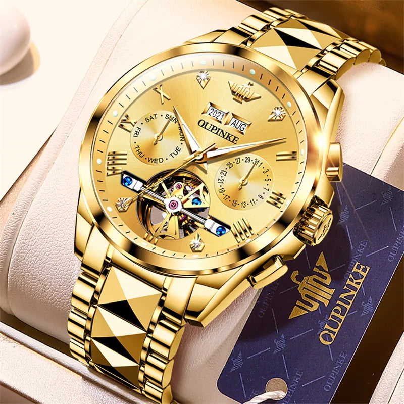 OUPINKE Tungsten Steel Automatic Mechanical Watch Men's 5Bar Waterproof Multi-functional Tourbillon Watches Relogio