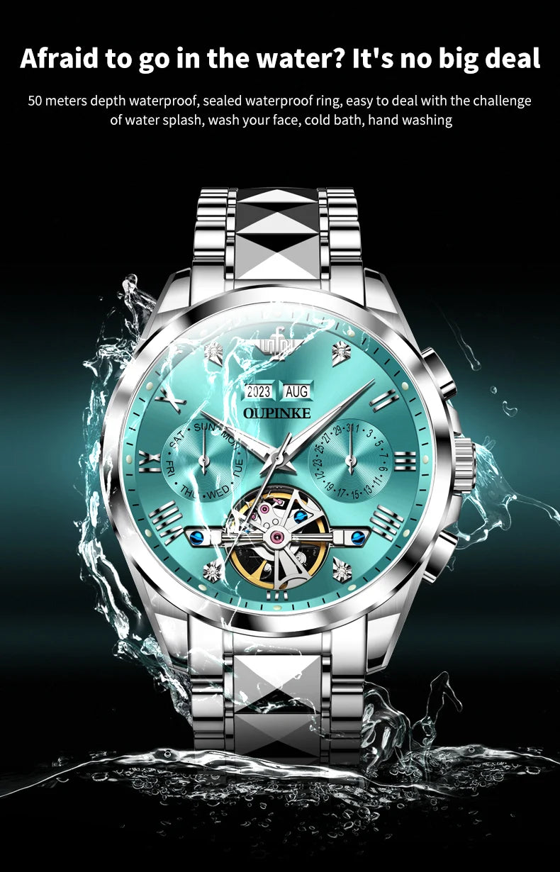 OUPINKE 3186 Men's Watches Luxury Mechanical Watch for Men Skeleton Flywheel Automatic Wristwatch Waterproof Luminous Man Watch