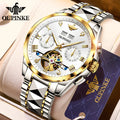 OUPINKE 3186 Men's Watches Skeleton Flywheel Automatic Mechanical Watch for Men Luxury Brand Dual Calendar Display Wristwatch