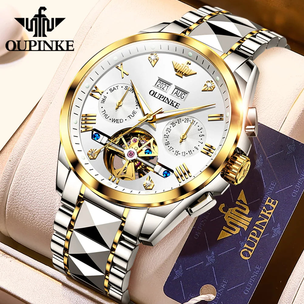 OUPINKE 3186 Men's Watches Skeleton Flywheel Automatic Mechanical Watch for Men Luxury Brand Dual Calendar Display Wristwatch
