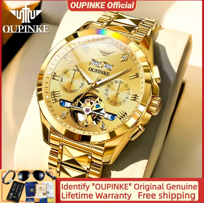 OUPINKE 3186 Men Watches Multifunctional Gold Tungsten steel Flywheel Waterproof Dual Calendar Display Male Wristwatch Classic