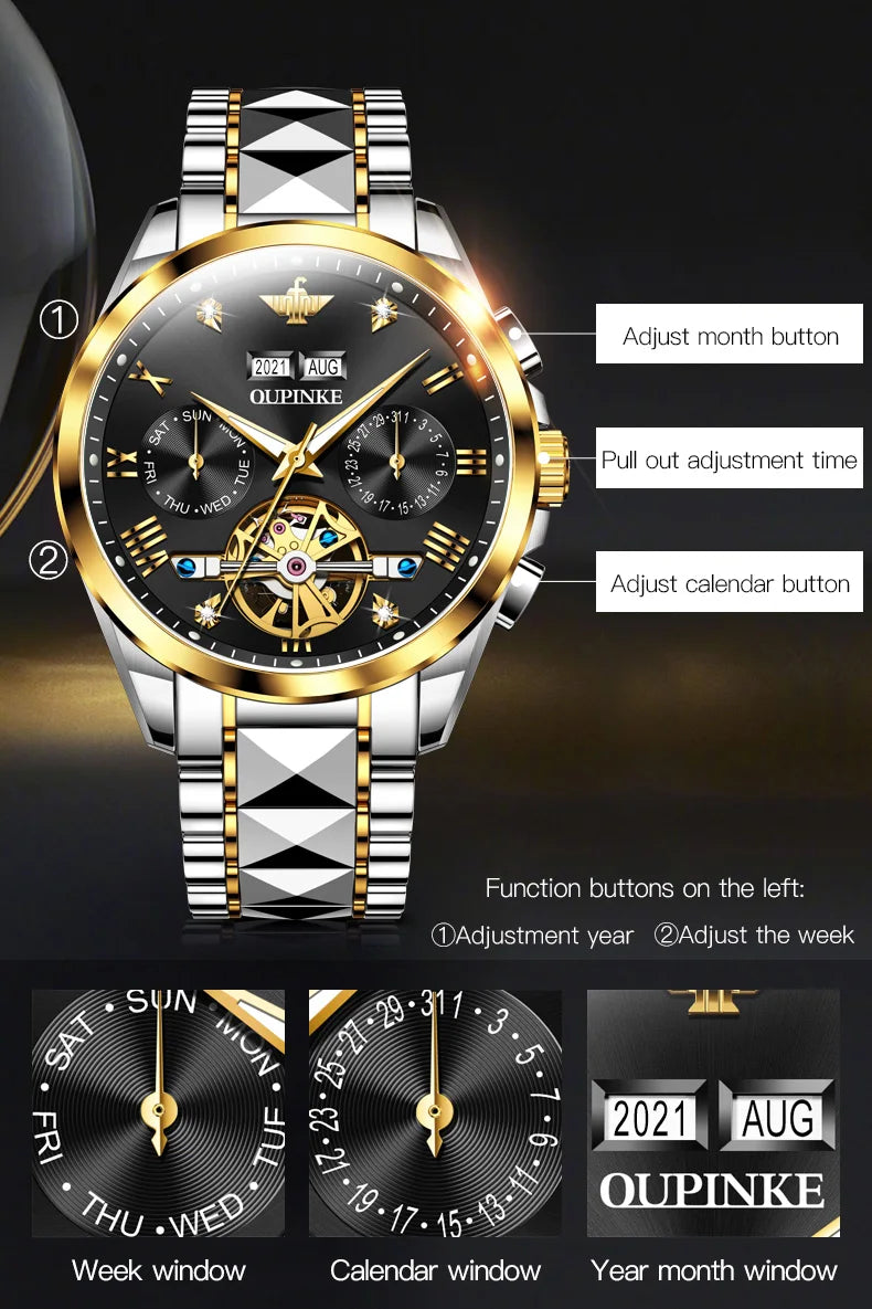 OUPINKE Tungsten Steel Automatic Mechanical Watch Men's 5Bar Waterproof Multi-functional Tourbillon Watches Relogio