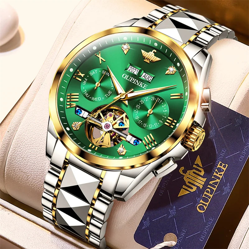 OUPINKE Tungsten Steel Automatic Mechanical Watch Men's 5Bar Waterproof Multi-functional Tourbillon Watches Relogio