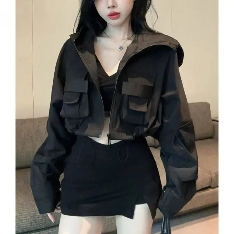 Fall Hot Sale Of The Season Women's Trendy Short Jacket Street Style Workwear Large Pocket Design Hooded Coat Casual Outerwea