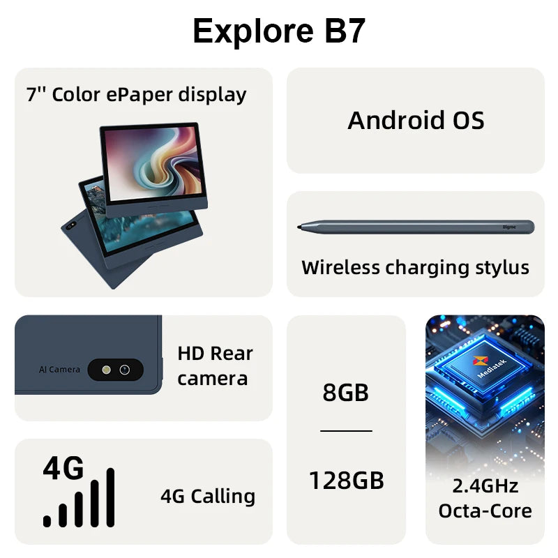 Bigme 7'' Electronic Book B7, Color E-Ink E-Book Reader, 300PPI, 8+128GB, Android14 Open System, E-Reader Tablet with 4G Calling