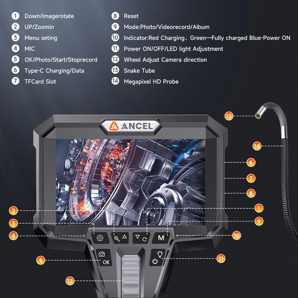 HD1080P Automotive Industrial Endoscope IP67 Waterproof 6.2mm Lens Pipe Sewer Inspection Tools Camera Borescope ANCEL AN301
