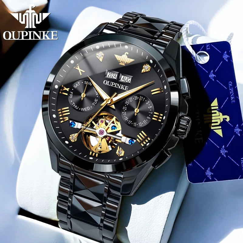 OUPINKE 3186 Original Luxury Man Watch Skeleton Flywheel Automatic Mechanical Watch for Men Waterproof Luminous Dress Wristwatch