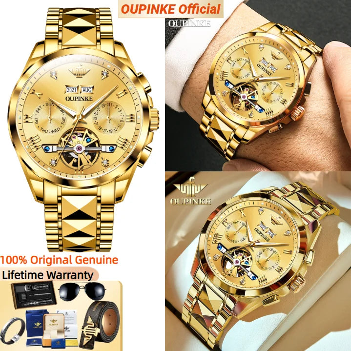 OUPINKE Classic Watch 3186 Multifunctional Skeleton Dial Waterproof Luminous Automatic Mechanical Watches