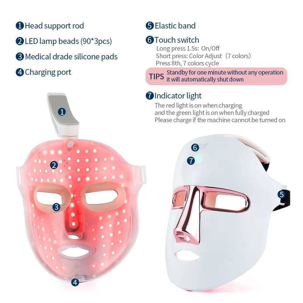 7 Colors Photon Facial LED Mask Red Light Therapy Anti Aging Face Neck Beauty Mask Relaxation Treatment Anti-Wrinkle Skin Care