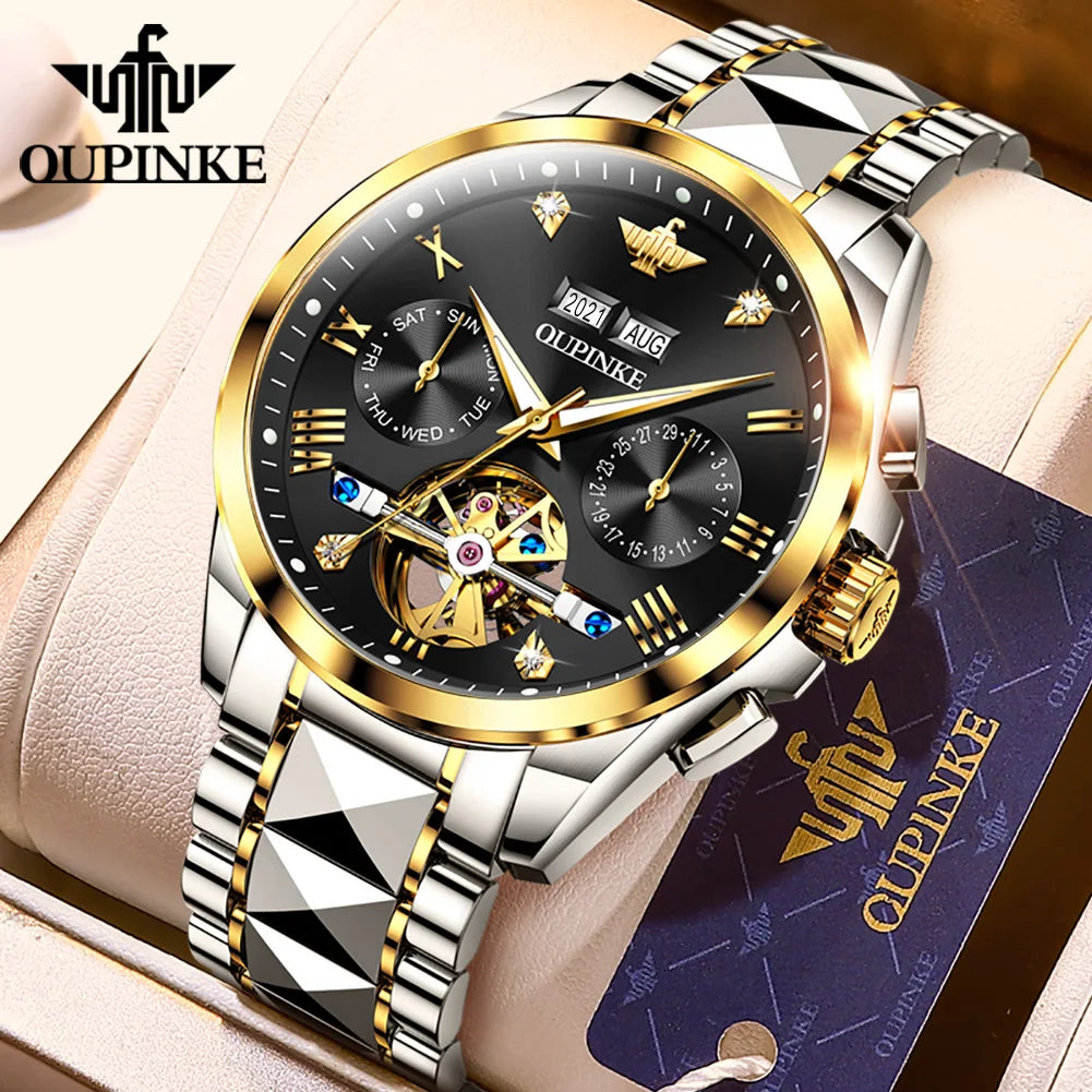 OUPINKE 3186 Men's Watches Skeleton Flywheel Automatic Mechanical Watch for Men Luxury Brand Dual Calendar Display Wristwatch