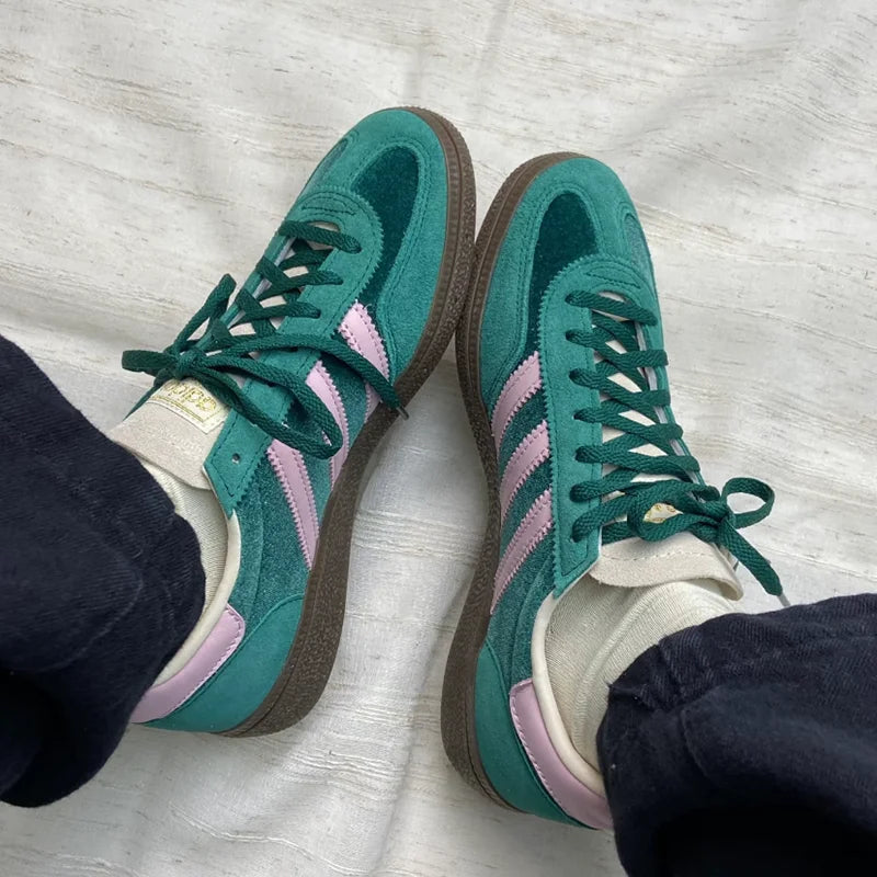 Adidas JI2648 Ladies Retro Casual Trainers Green Pink White Three Stripes Velvet Suede Lightweight Rubber Sole Daily  Sneakers