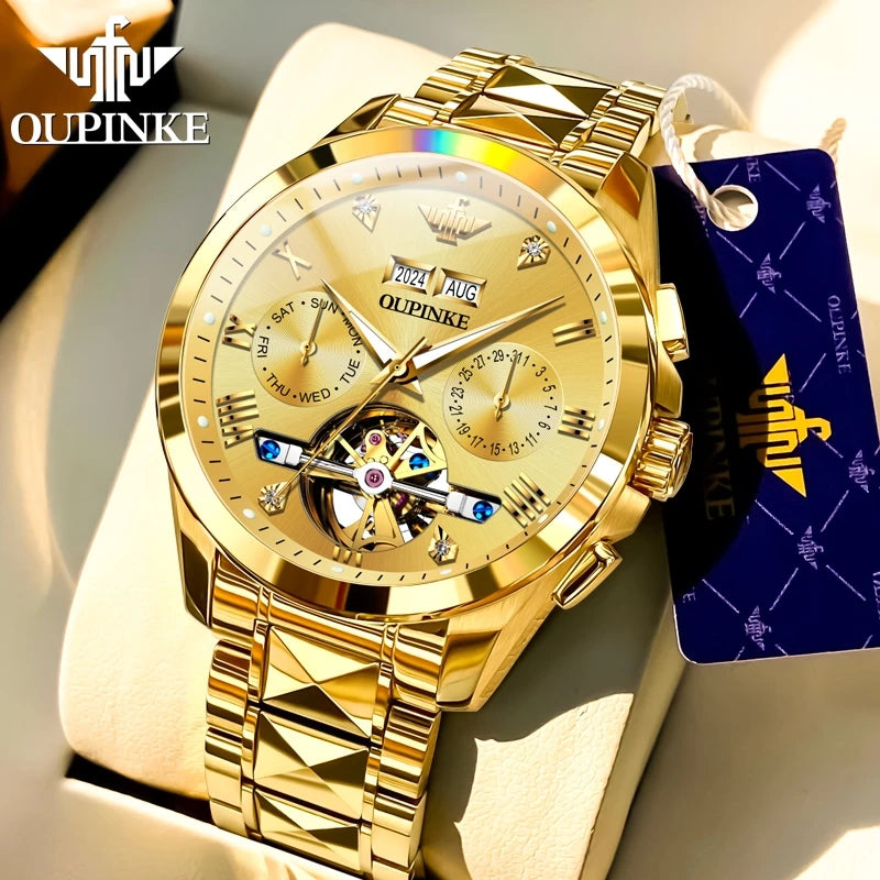 OUPINKE 3186 Original Luxury Man Watch Skeleton Flywheel Automatic Mechanical Watch for Men Waterproof Luminous Dress Wristwatch