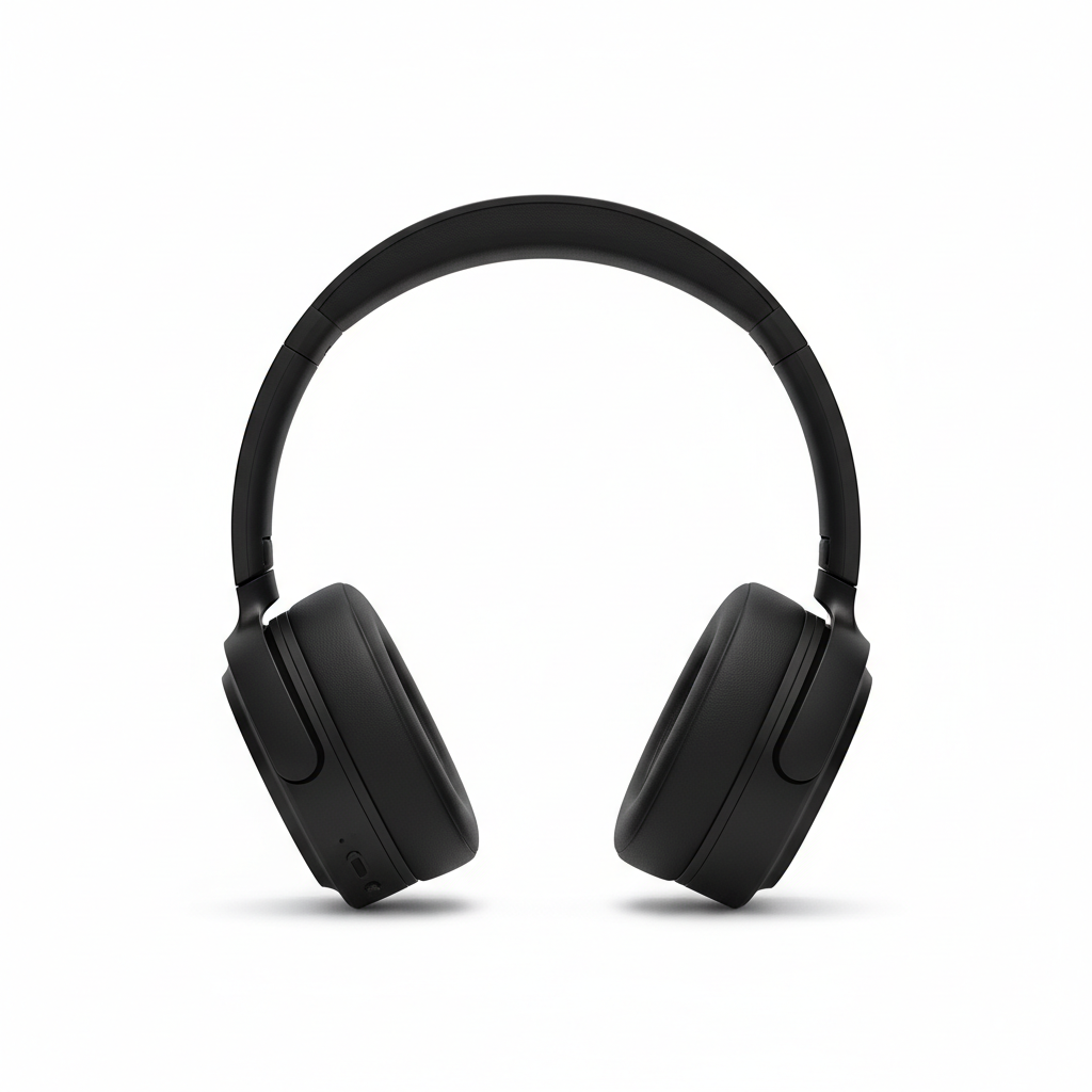 Casque Bluetooth sans fil noir sur fond blanc