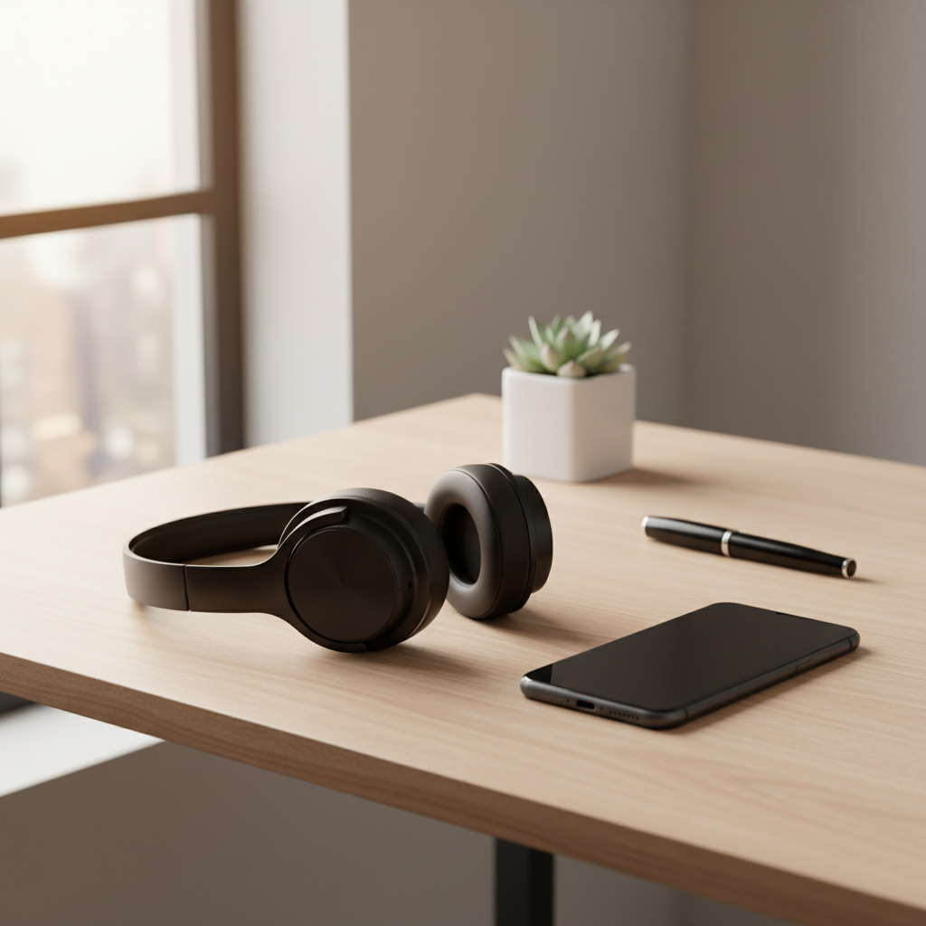 Casque Bluetooth sans fil noir posé près d’un smartphone sur un bureau